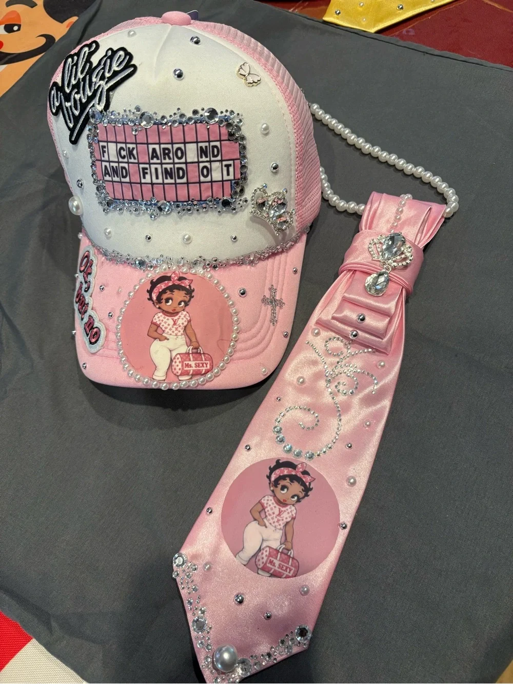 Women's Pink Embellished Cap and Tie Set - Brand: